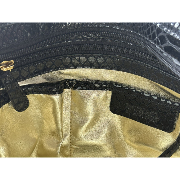 EUC Michael Kors Shiny Black Leather Snakeskin Shoulder Bag Gold Lining - Picture 15 of 16